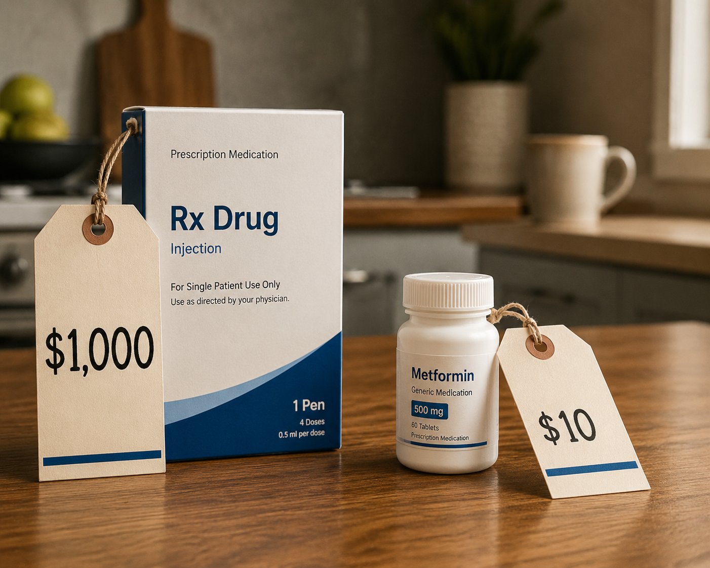 Prescription medication box with a $1,000 tag beside a small pill bottle with a $10 tag on a kitchen table