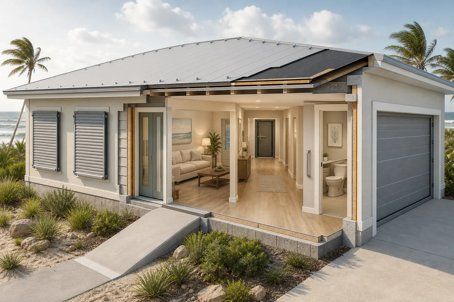 Cutaway illustration of a coastal home with storm hardening outside and senior-friendly mobility features inside