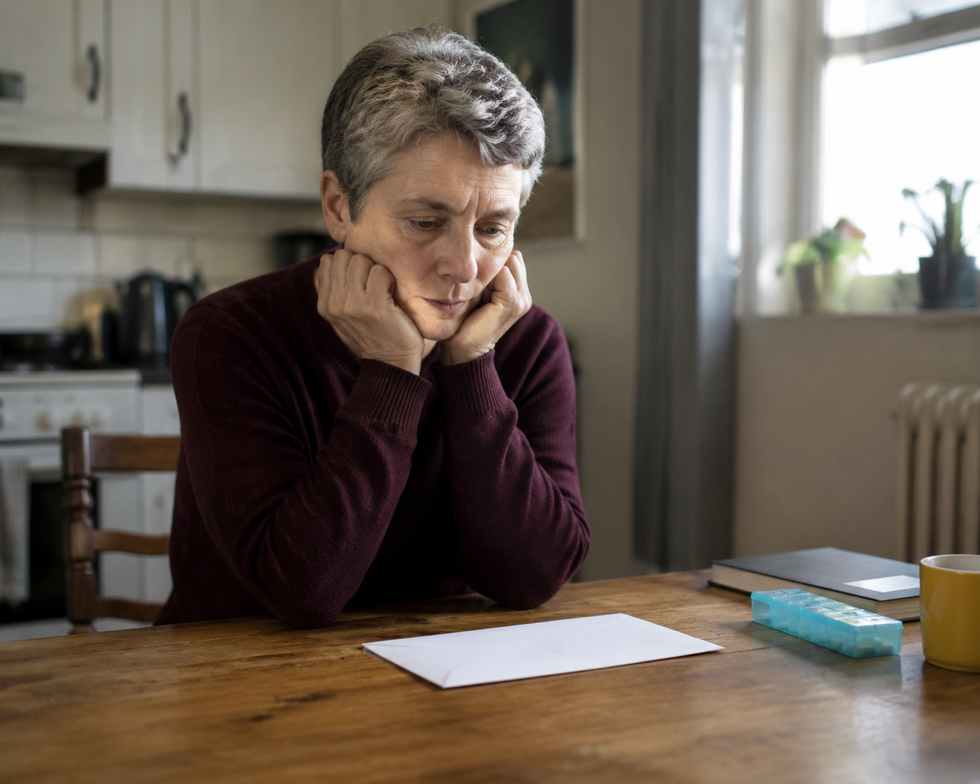 Man in his late 50s sitting at a kitchen table with an unopened official letter and pill organizer