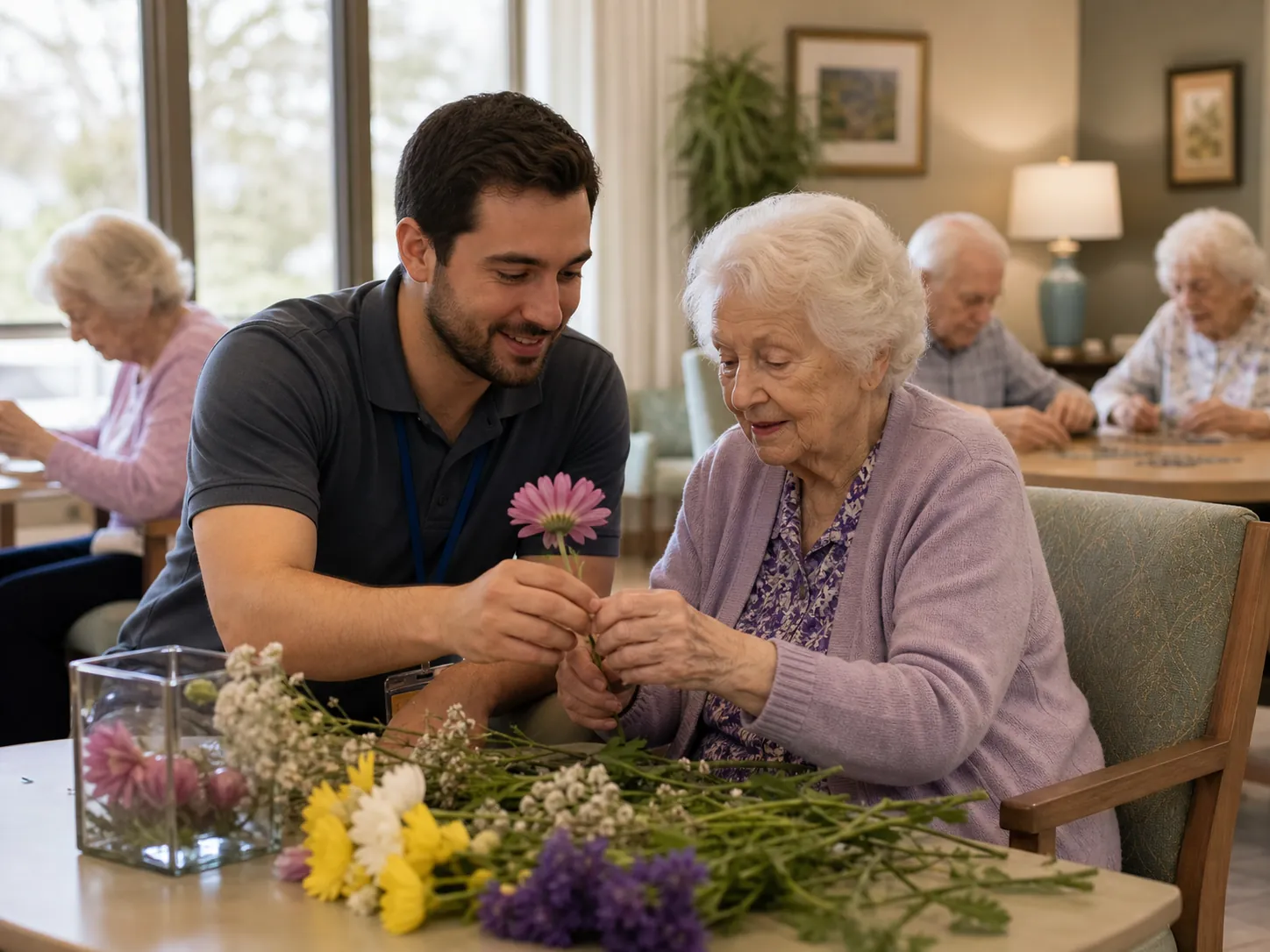 Caregiver crouching beside an elderly resident sorting flowers in a memory care common room