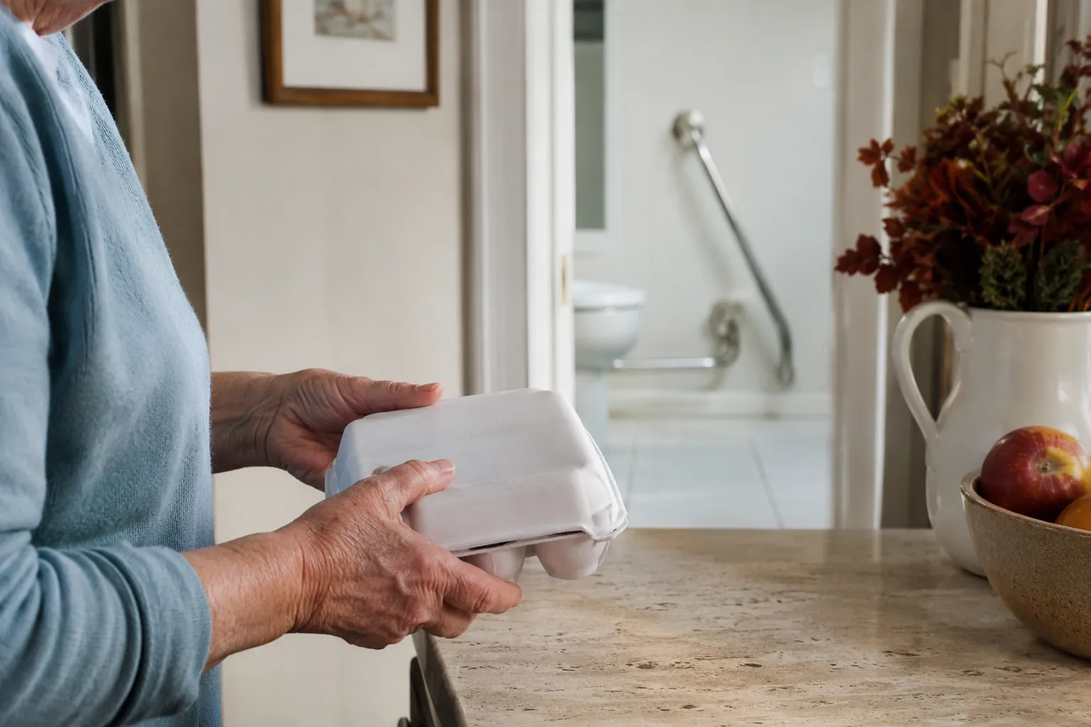Older adult holding an egg carton in a kitchen with a bathroom grab bar visible in the background