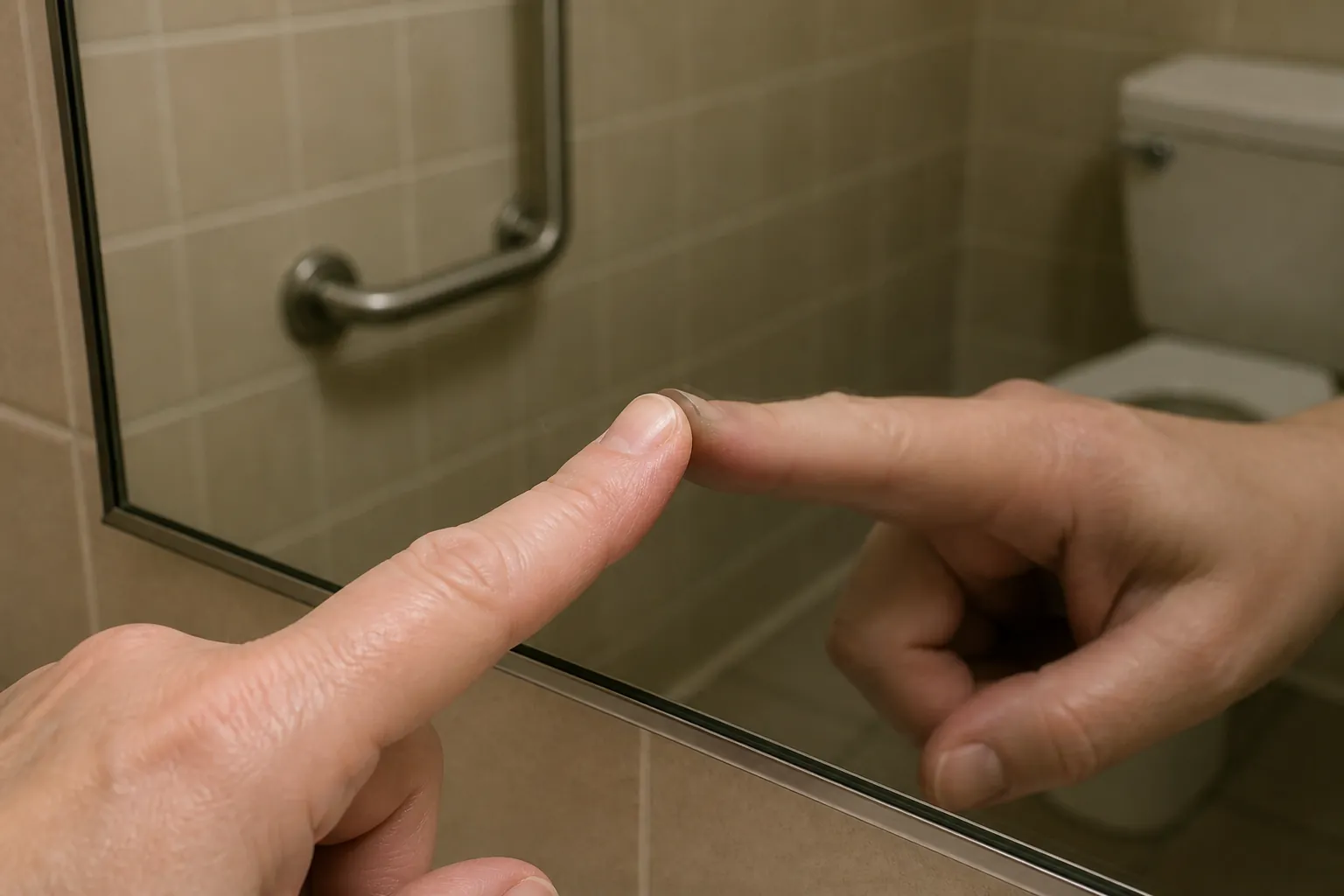 Fingertip pressed against a bathroom mirror with no visible gap between the fingernail and reflection