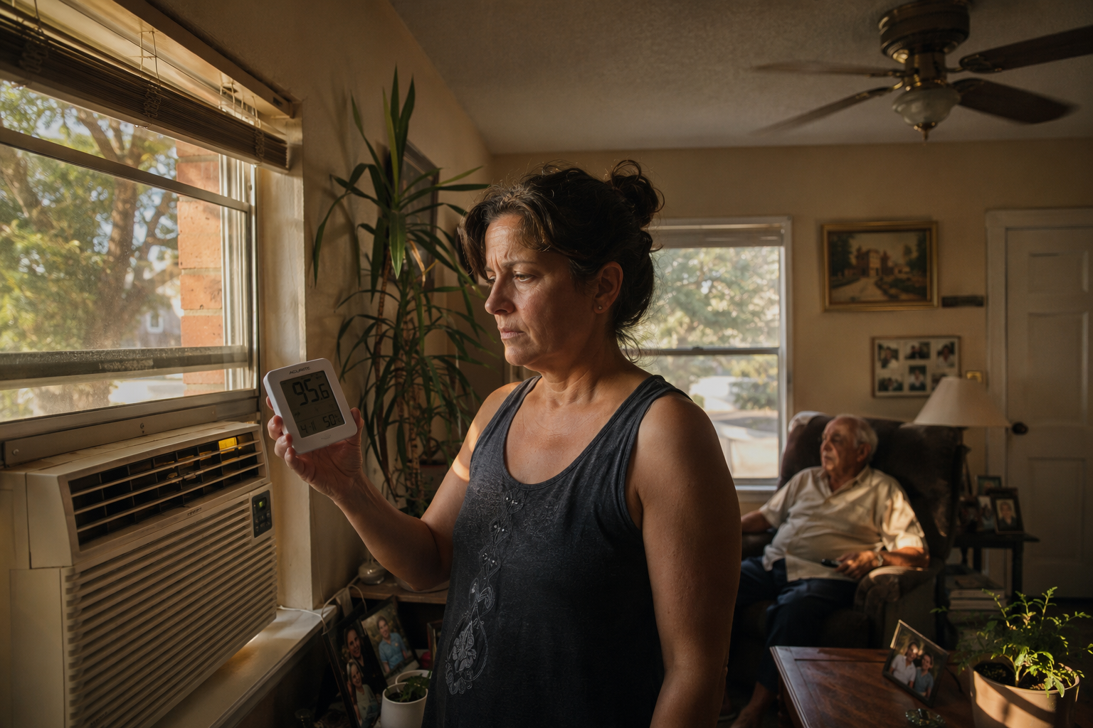 Adult daughter checks an indoor thermometer near a west-facing window while her elderly father sits nearby during extreme Dallas heat