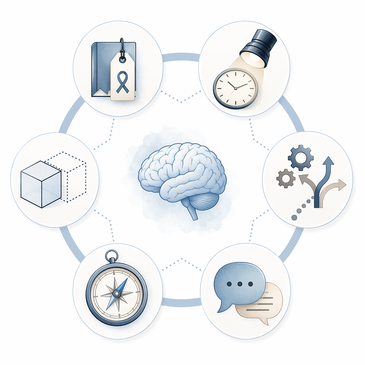Six interconnected cognitive domain icons for memory, attention, executive function, language, orientation, and visuospatial skills