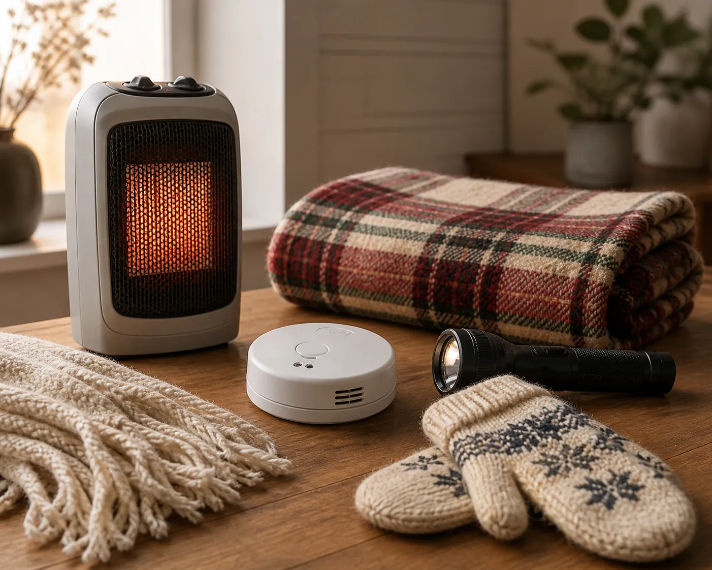 Winter home safety essentials including a space heater, carbon monoxide detector, flashlight, mittens, and blanket