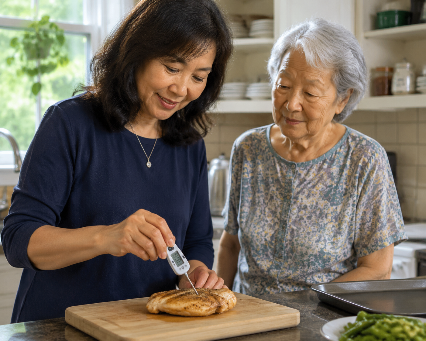 Adult daughter caregiver using a food thermometer while preparing chicken with her elderly mother in a home kitchen