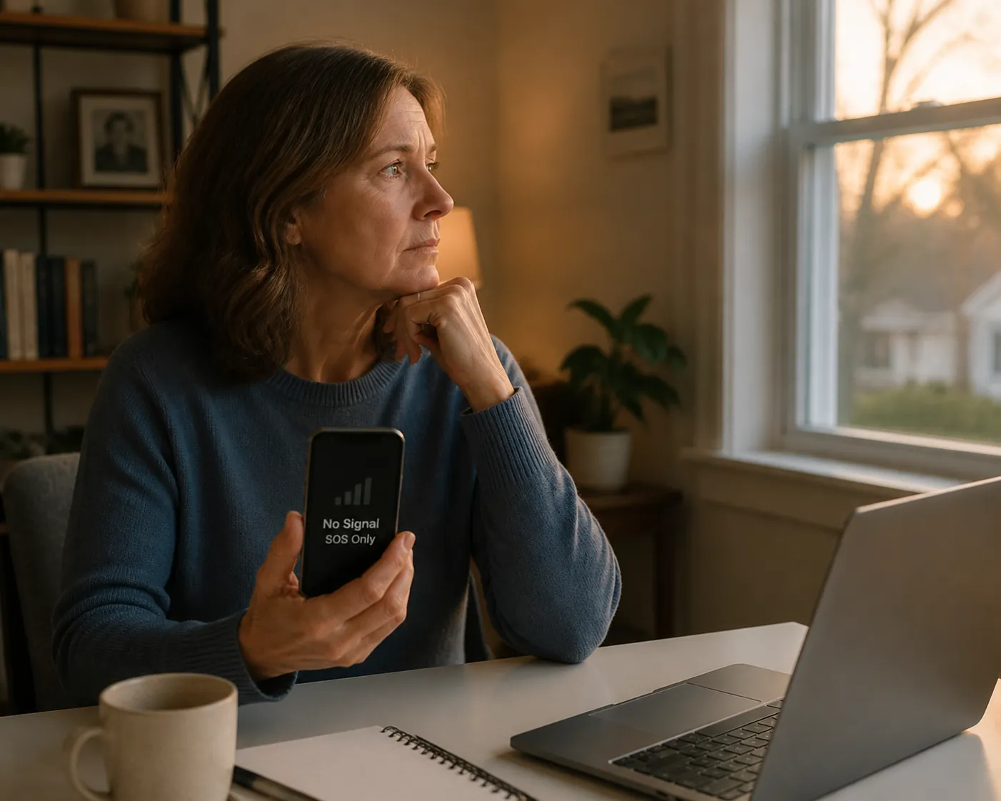 Worried adult caregiver holding a phone with no signal while trying to reach an elderly loved one