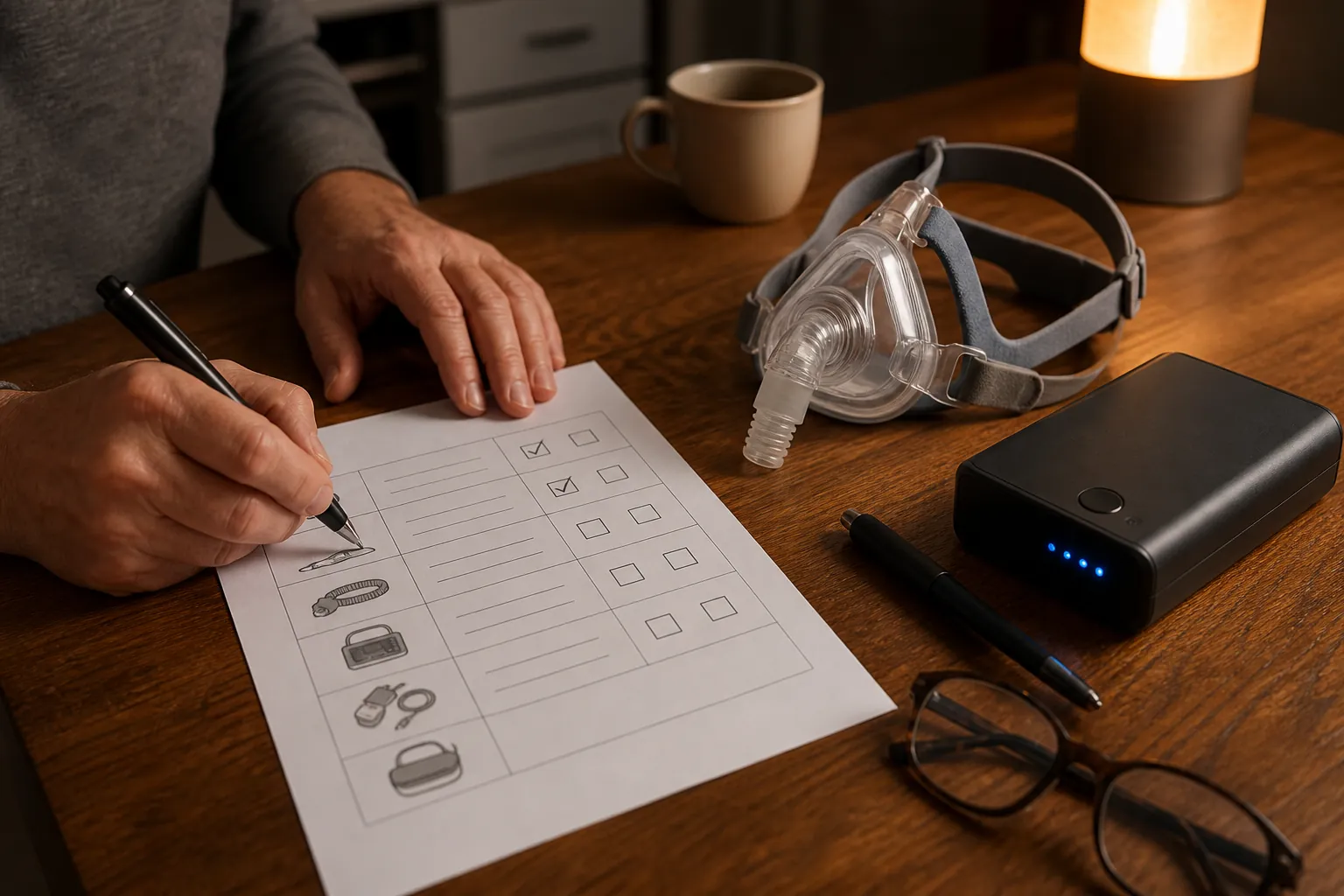 Caregiver filling out a device inventory worksheet beside a CPAP mask and rechargeable battery pack