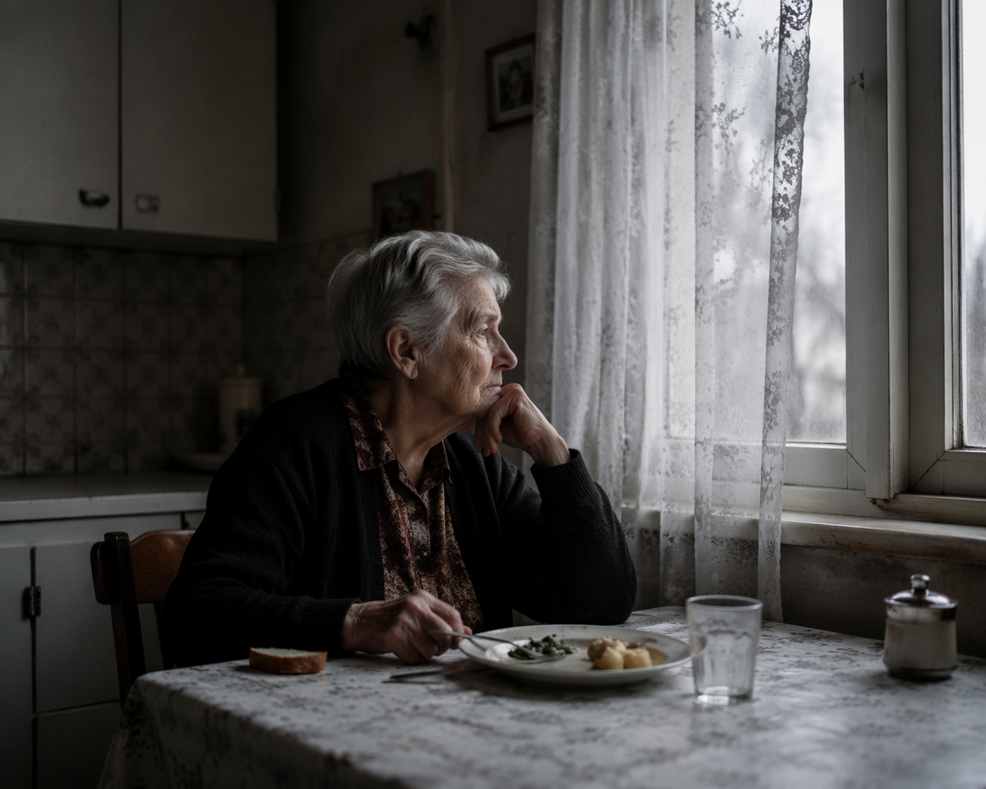 An elderly woman sits alone at a small kitchen table with a single plate and a half-eaten meal, looking out a window with a pensive, lonely expression.