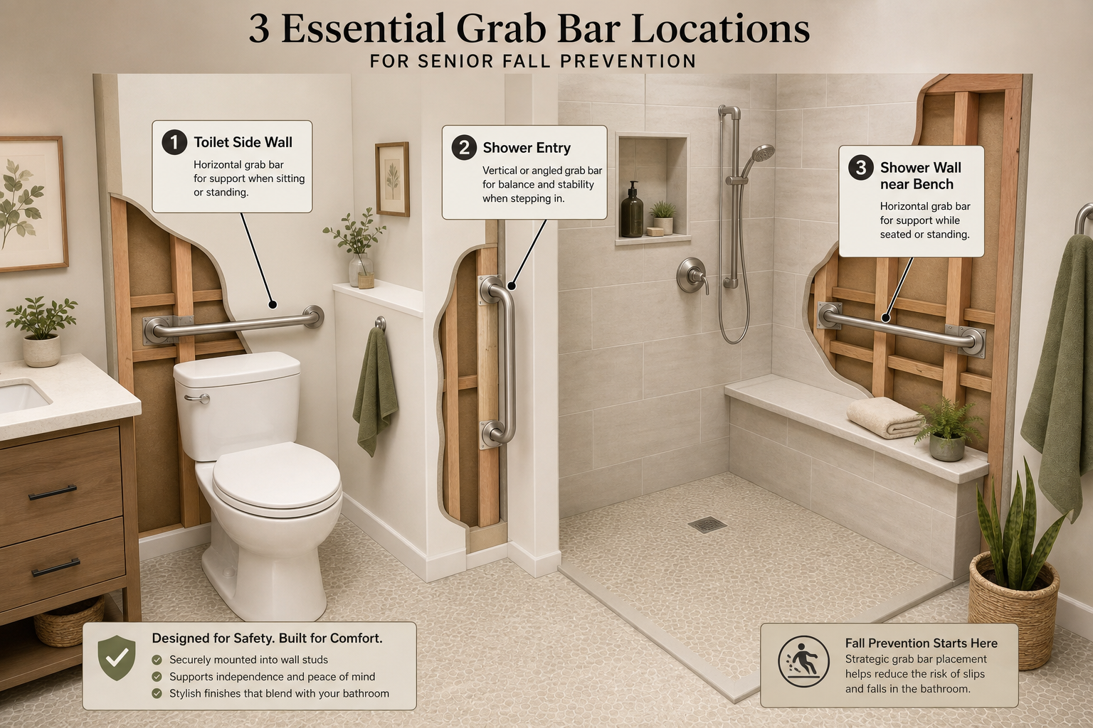 Editorial bathroom layout illustration showing three essential grab bar locations: a horizontal bar on the wall beside the toilet, a bar at the shower entry, and a bar on the shower wall near a built-in bench. Grab bars are brushed nickel, wall studs are visible through cutaway sections. Bathroom includes comfort-height toilet, curbless shower, and non-slip flooring.