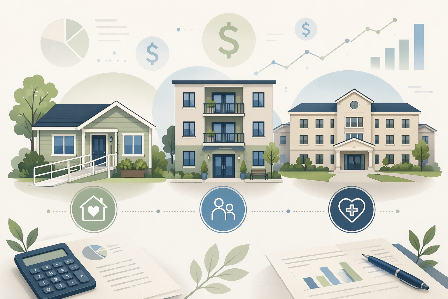 An editorial flat illustration showing three home icons arranged side by side: one single-family house with subtle accessibility features like a ramp, one small apartment building representing assisted living, and one larger facility building representing nursing home care. Soft blue and sage green tones, subtle financial document and chart elements float around the icons. The comparison layout helps readers visually compare three care cost options.
