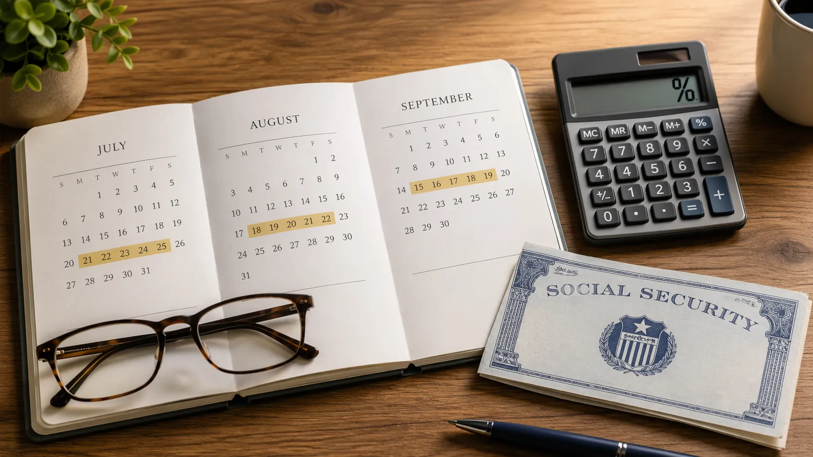 Calendar highlighting July, August, and September beside a calculator and government benefit document