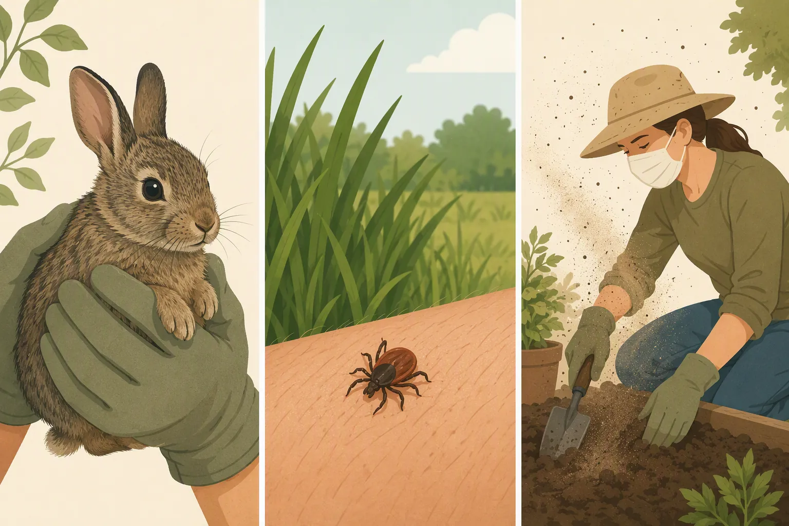 Illustration of tularemia exposure routes including handling a wild rabbit, a tick on skin near grass, and gardening in dusty soil