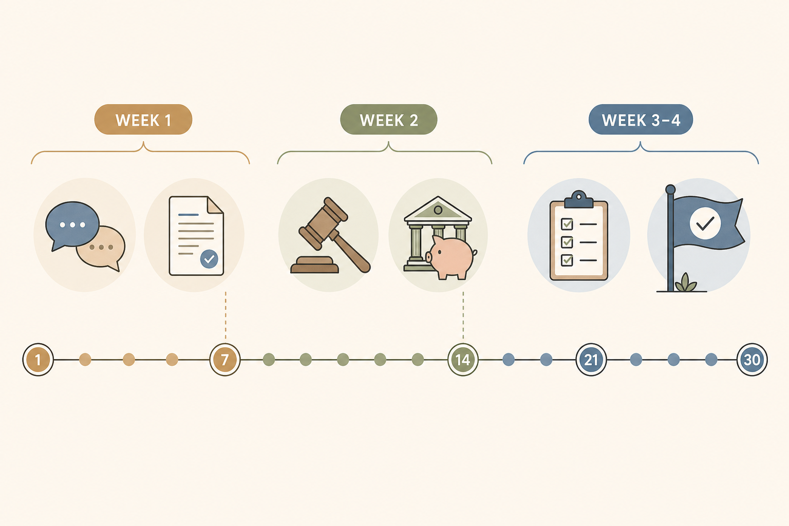 A clean editorial illustration showing a 30-day horizontal timeline divided into three segments — Week 1 with conversation and document icons, Week 2 with legal and financial icons, and Week 3-4 with a checklist and completion flag icon.