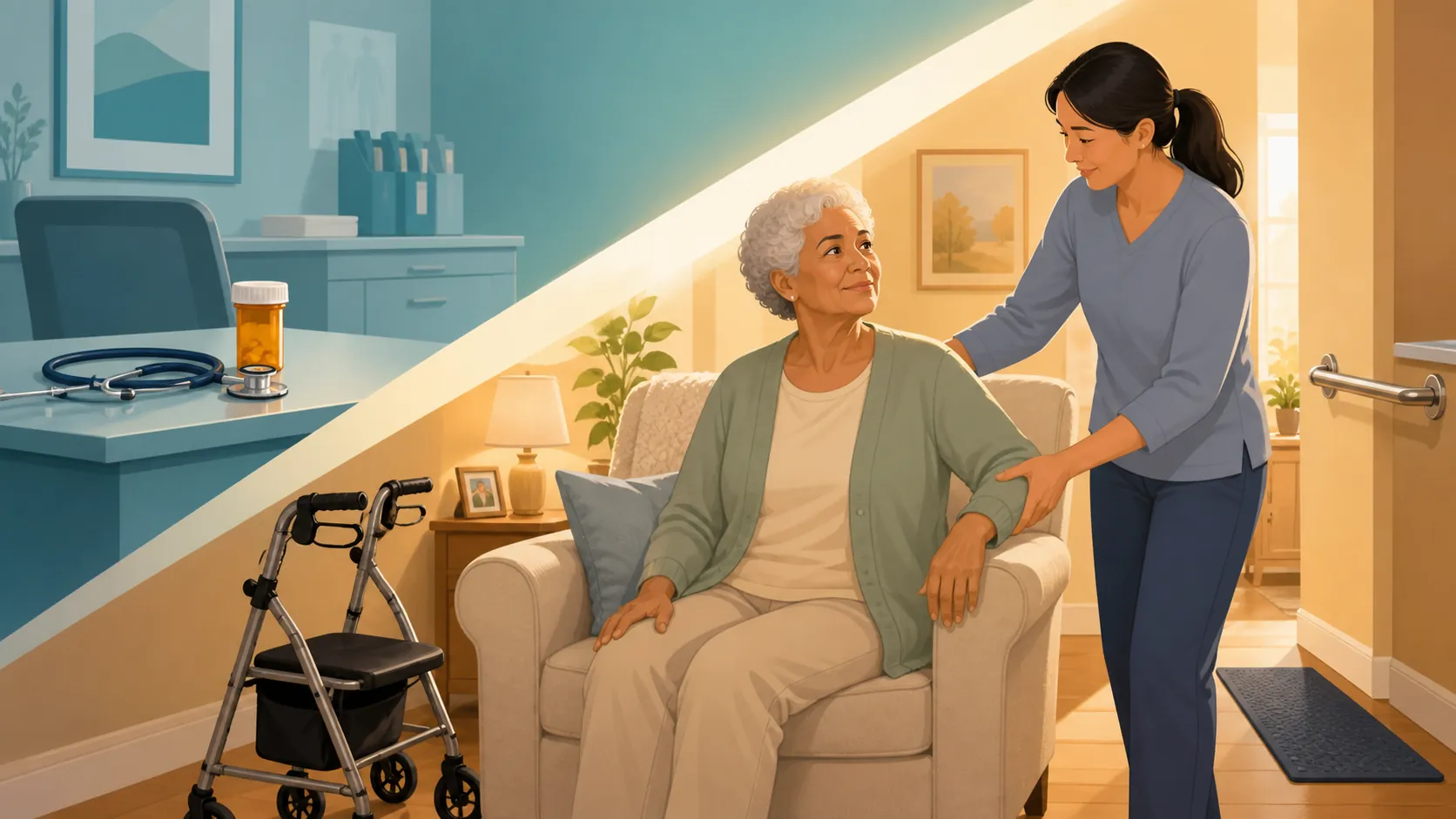 Older adult at home with a rollator, caregiver support, and a clinical treatment layer shown nearby