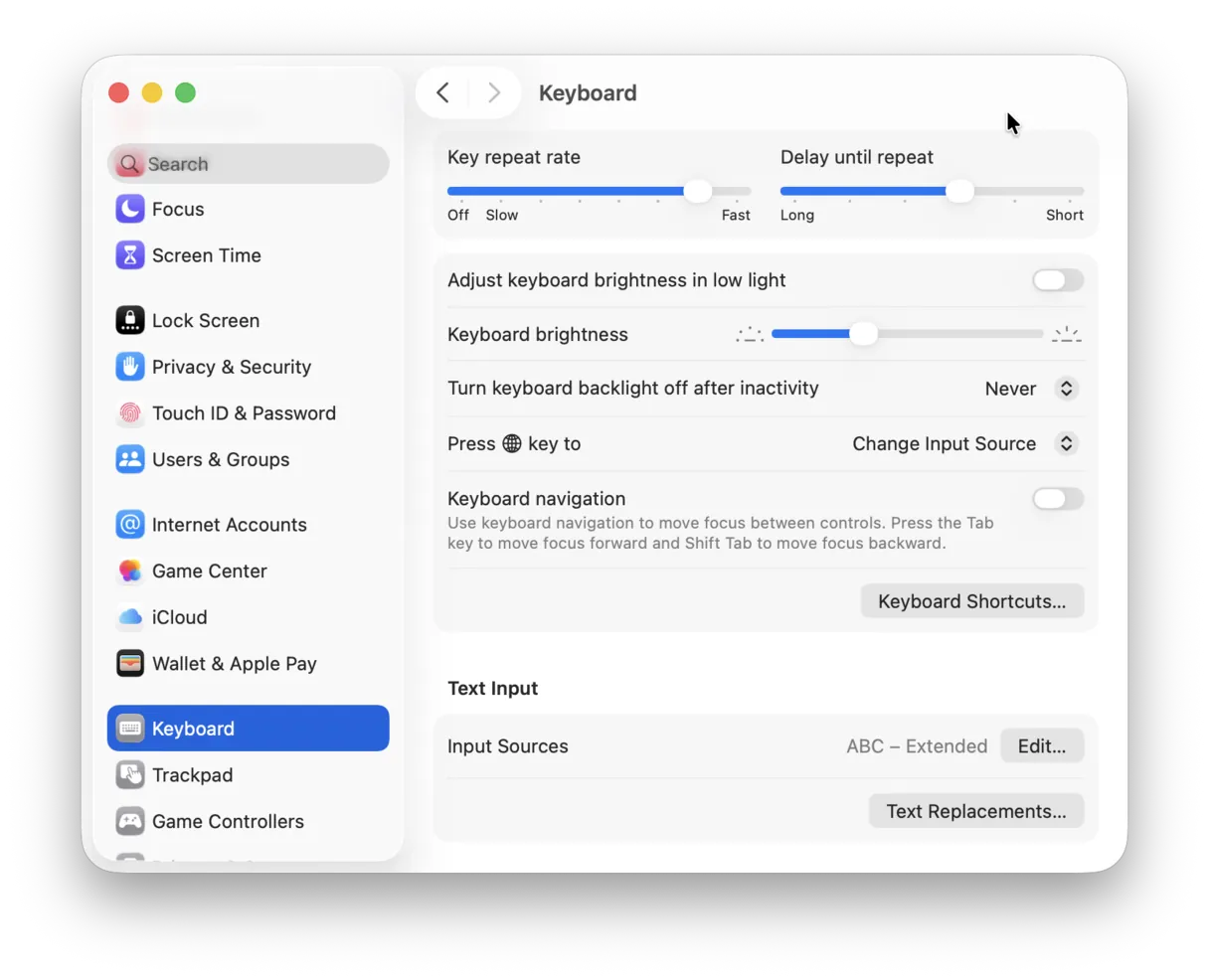 macOS System Settings Keyboard panel with Dictation turned on
