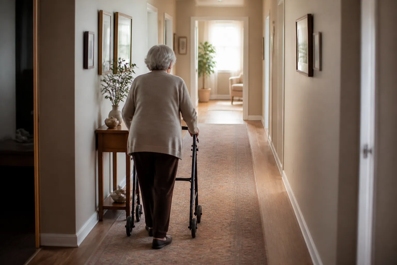 Older woman walking with a wheeled walker down a sunlit hallway