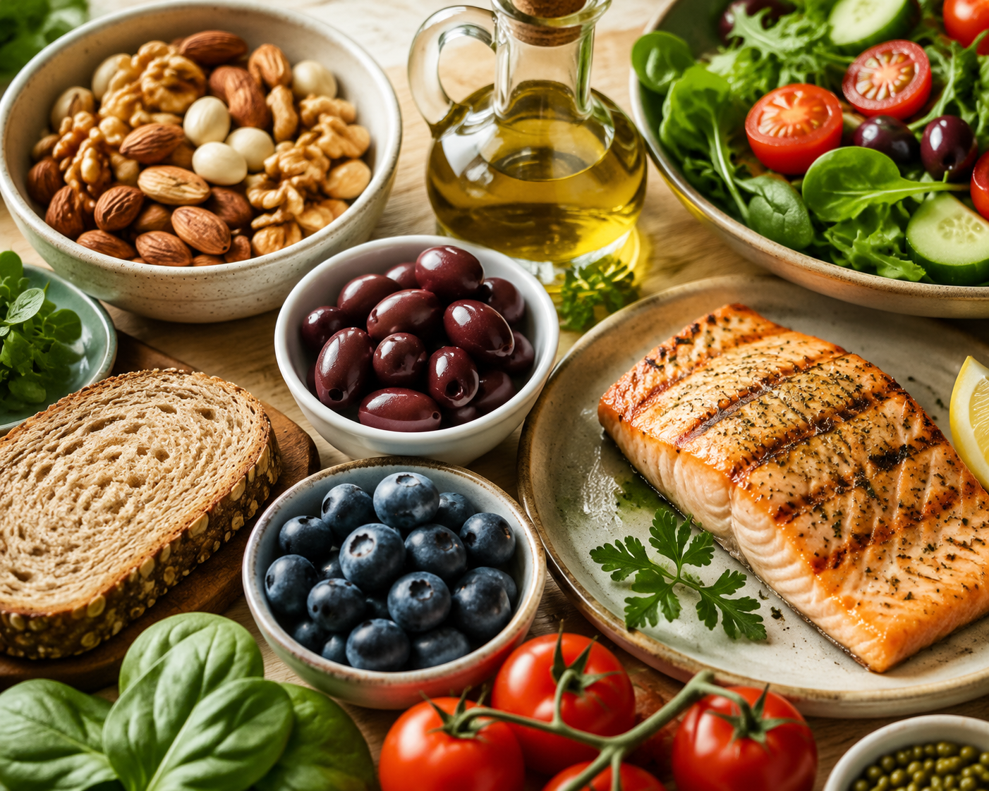 Mediterranean and DASH-style foods including nuts, olive oil, salmon, leafy greens, whole grain bread, and berries