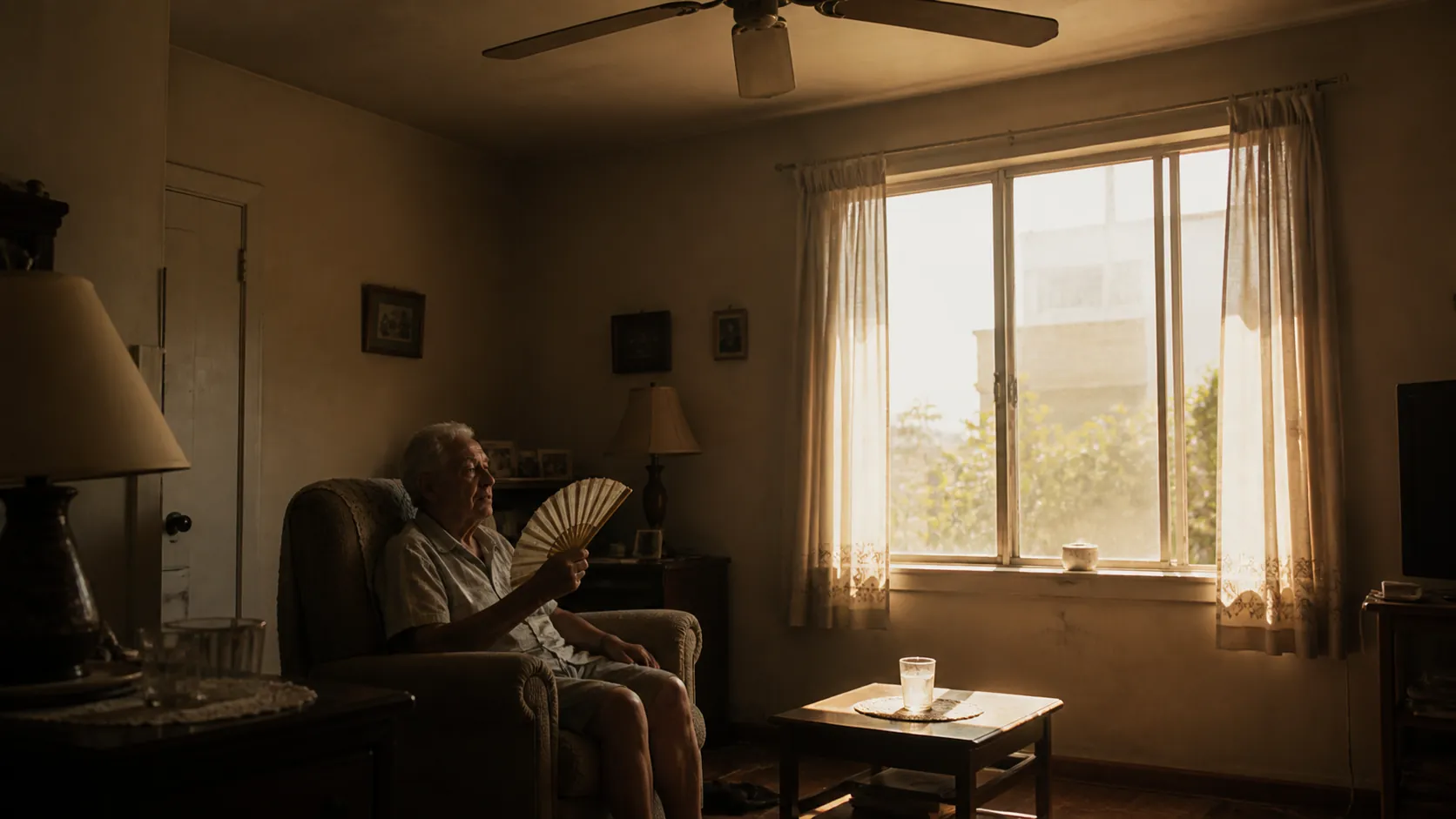 Older adult sitting in a hot living room during a summer power outage with a motionless ceiling fan