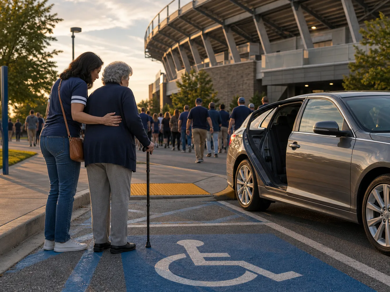 Older adult with a cane and adult daughter wait at a marked accessible pickup zone after a stadium event