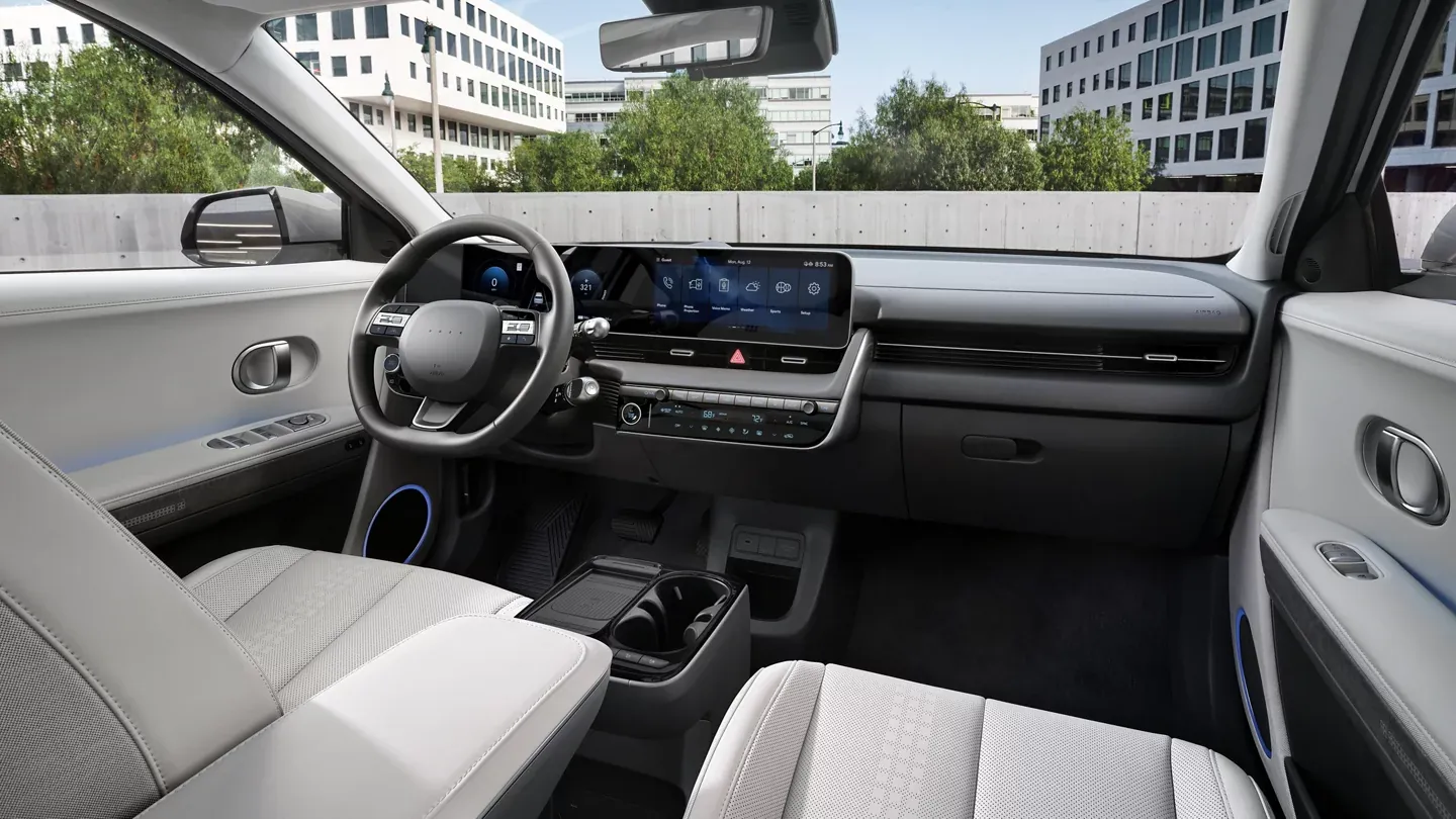 Hyundai Ioniq 5 interior with flat floor and spacious front seating area