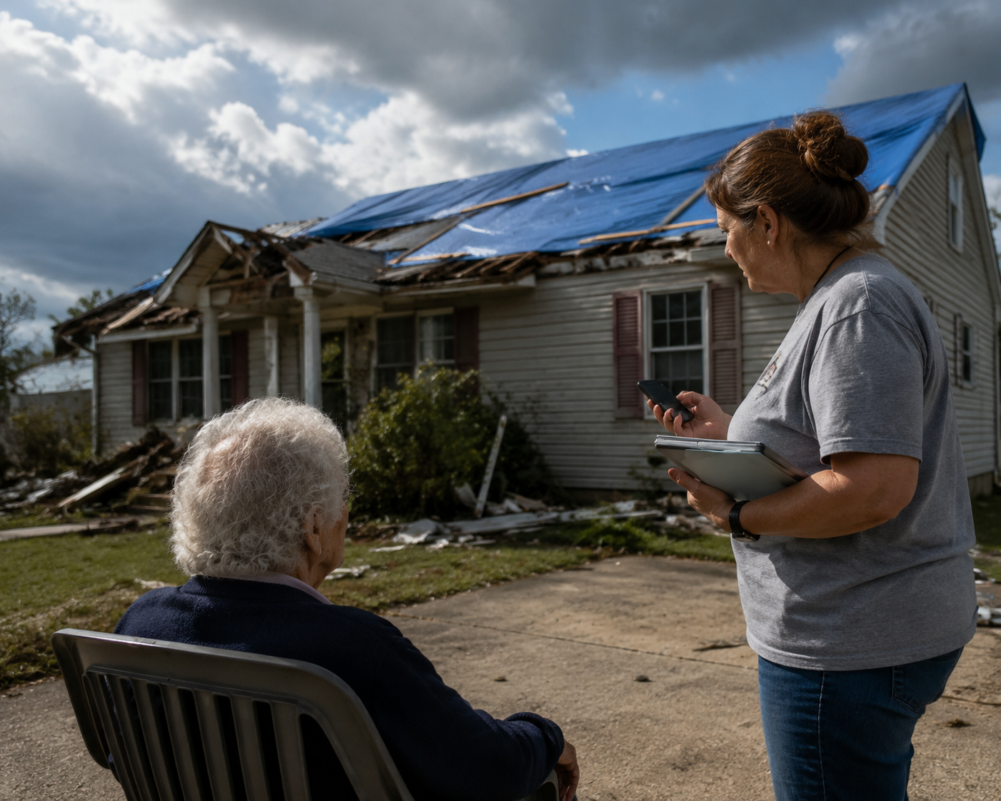 An older adult and a middle-aged caregiver stand outside a damaged house, holding a phone and clipboard after the storm.