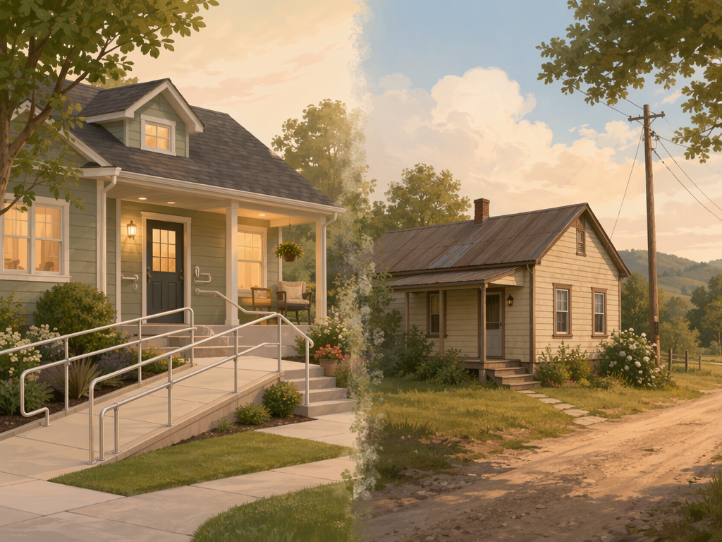 Warm-toned illustration showing two contrasting home scenes side by side. On the left, a well-maintained suburban home with visible accessibility features including a ramp and grab bars, with warm lighting. On the right, a modest rural home on a quiet road with no accessibility modifications, cared for but lacking aging-in-place features. A soft visual divide separates the two scenes. Empathetic and thoughtful tone with warm earth tones, sage green, and beige palette.