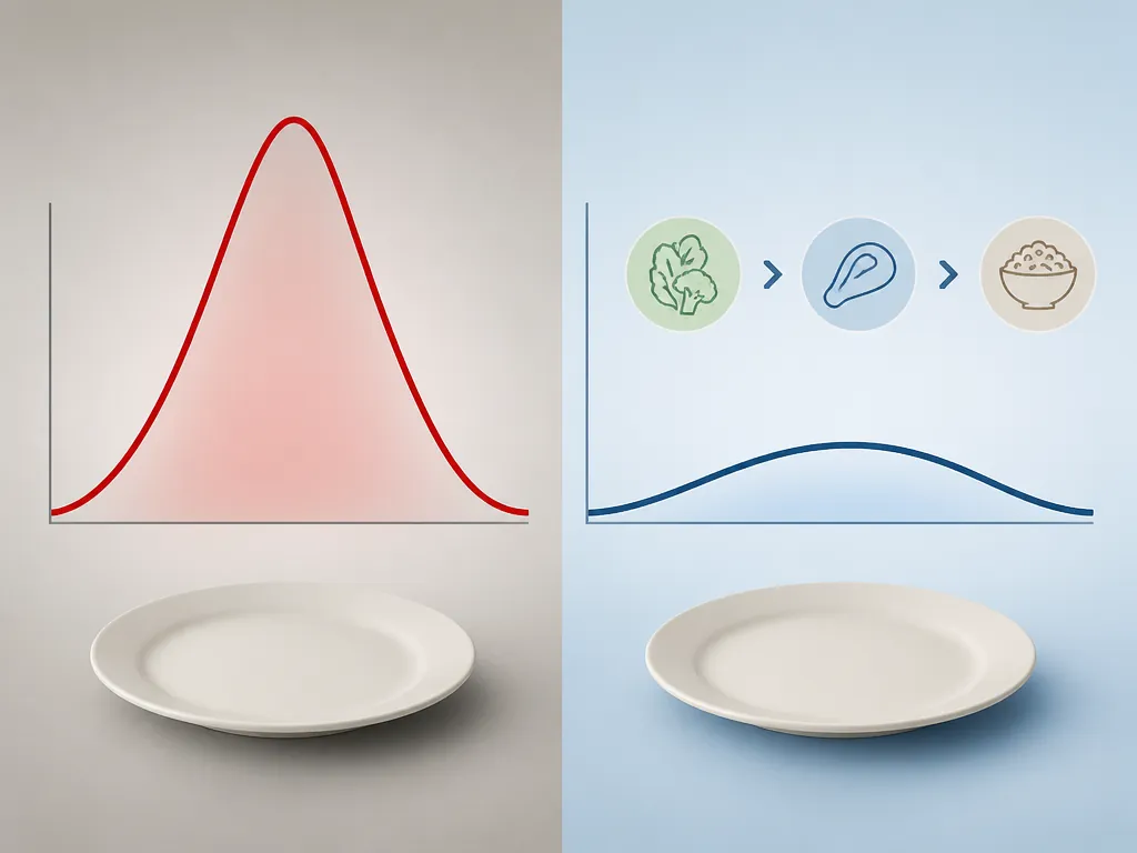 Comparison of a steep post-meal glucose curve and a gentler glucose curve after the same plate of food
