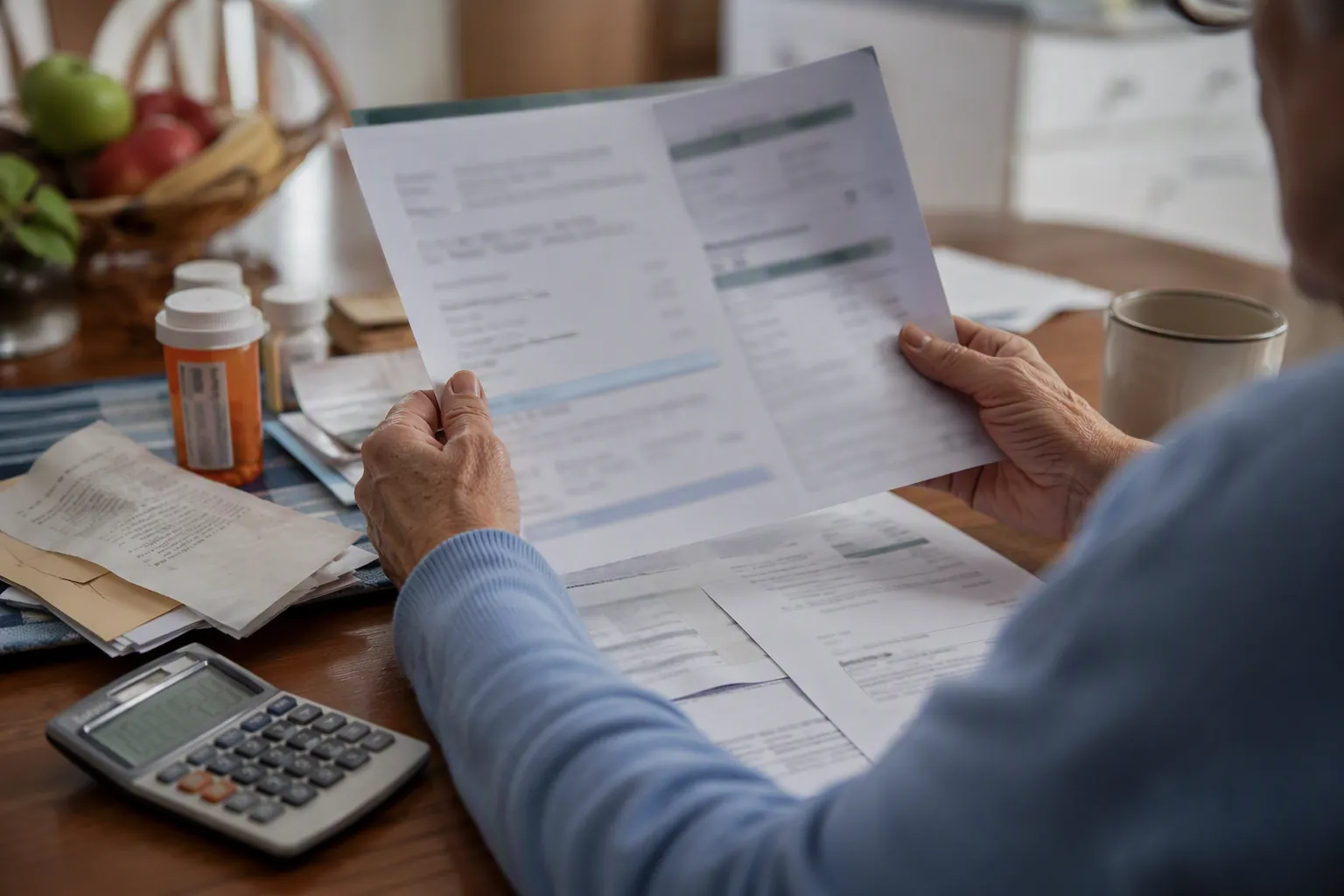 Older adult reviewing a printed benefit statement at a kitchen table with a calculator, receipts, medicine bottle, and household bills