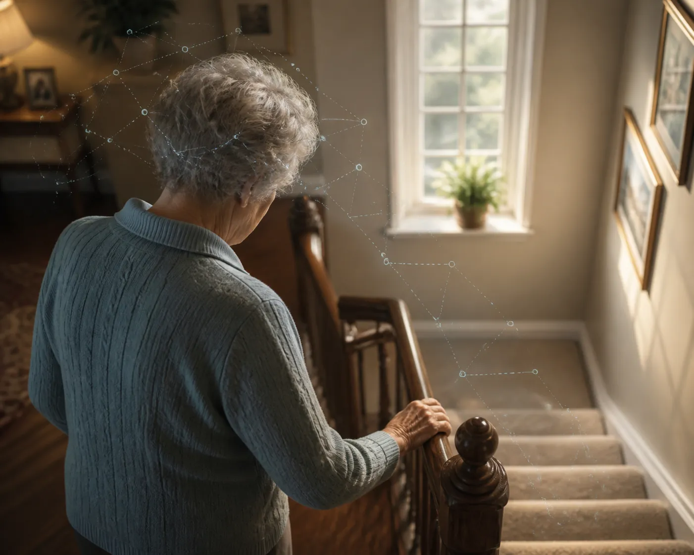 Older adult hesitating at the top of a carpeted staircase while holding the railing