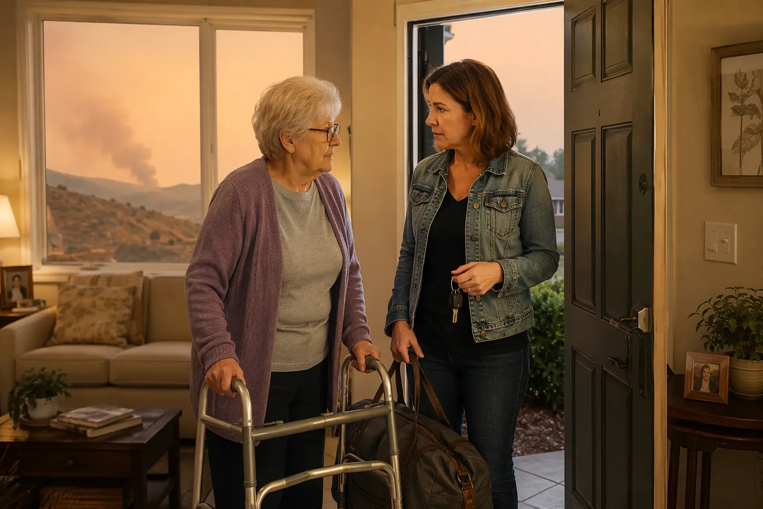 An older woman with a walker near a doorway while her adult daughter holds an evacuation bag, with wildfire smoke visible outside
