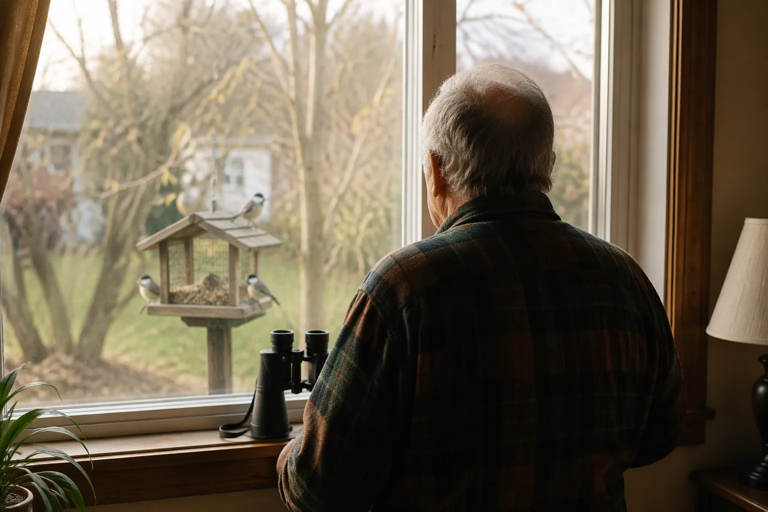 Older adult watching birds from a home window with binoculars and a backyard feeder