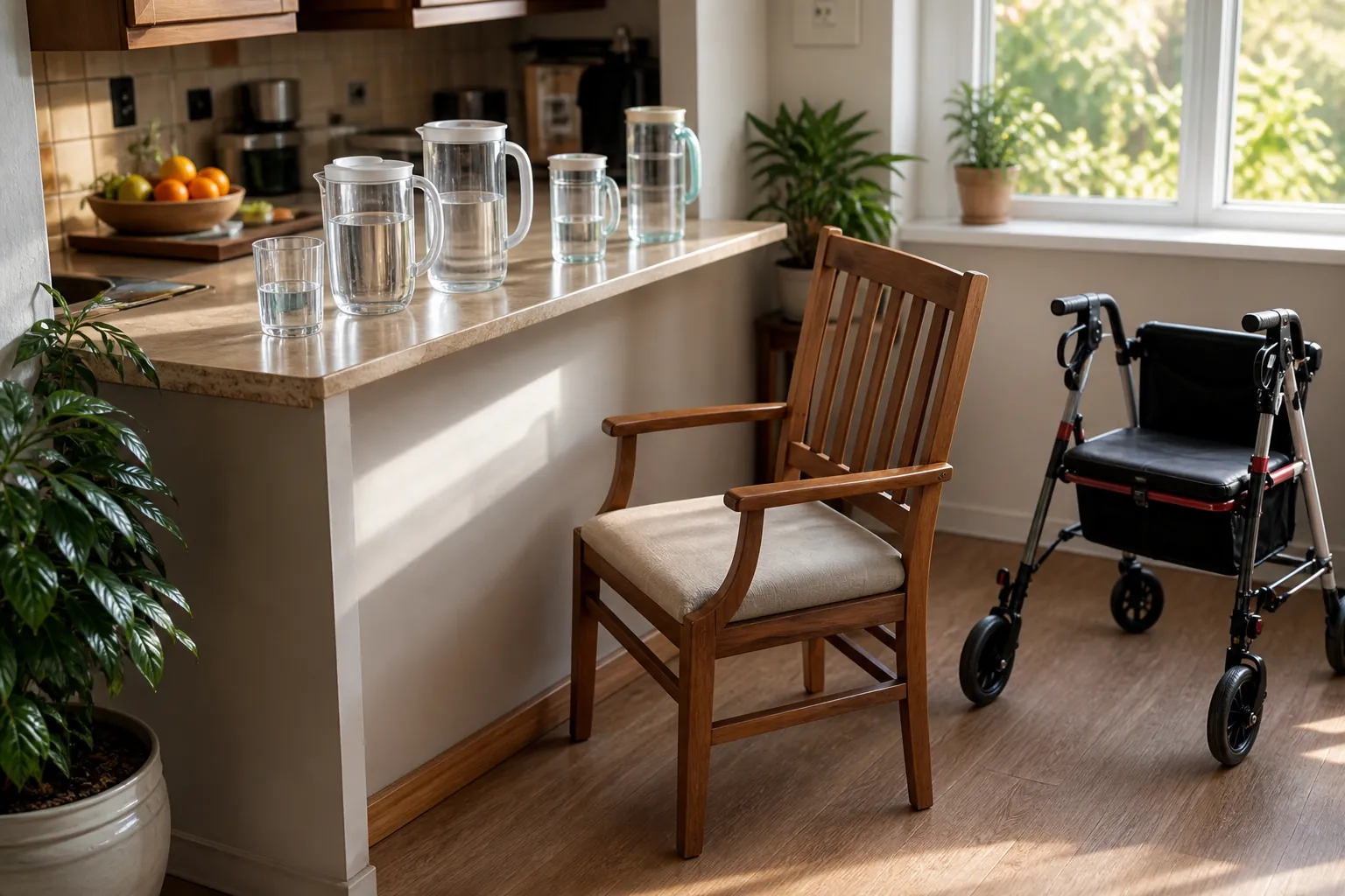 Kitchen hydration setup with small pitchers and cups at reachable height, a chair for seated pouring, and a rollator nearby