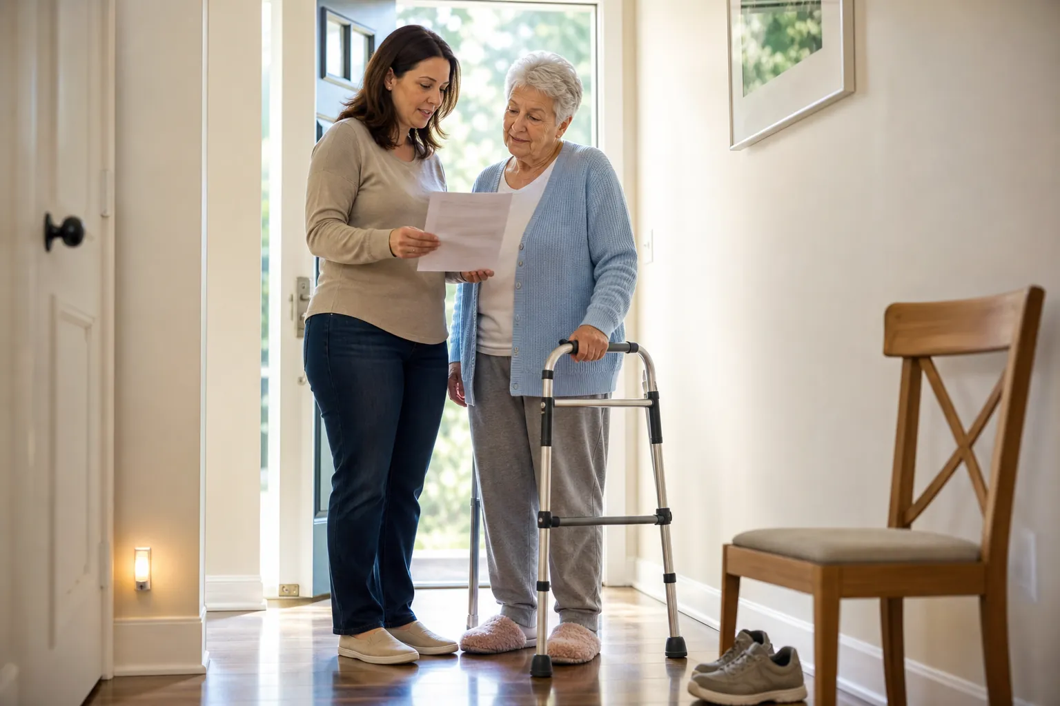 Adult daughter reviewing a discharge plan with her elderly mother in a clear home hallway near a walker and night light