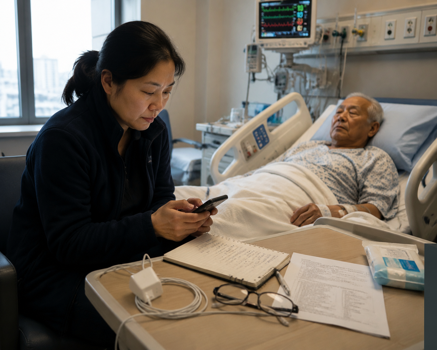 Adult daughter sitting beside an older man in a hospital bed with notes, charger, and medication list nearby