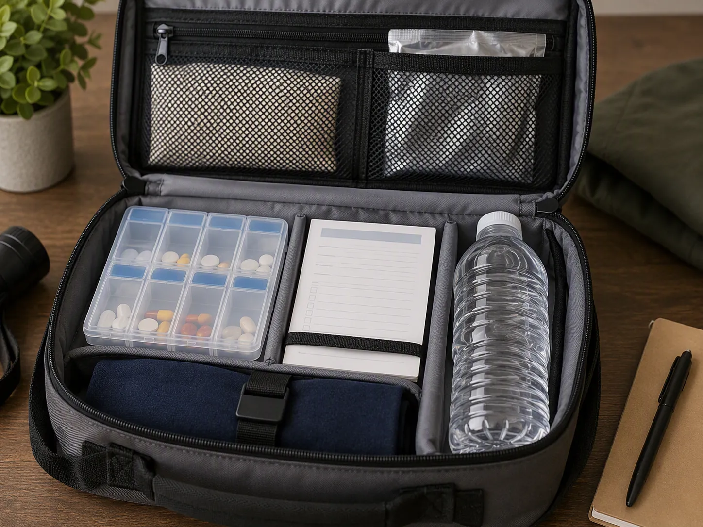 Packed evacuation go-bag with weekly pill organizer, medication list card, and sealed water bottle
