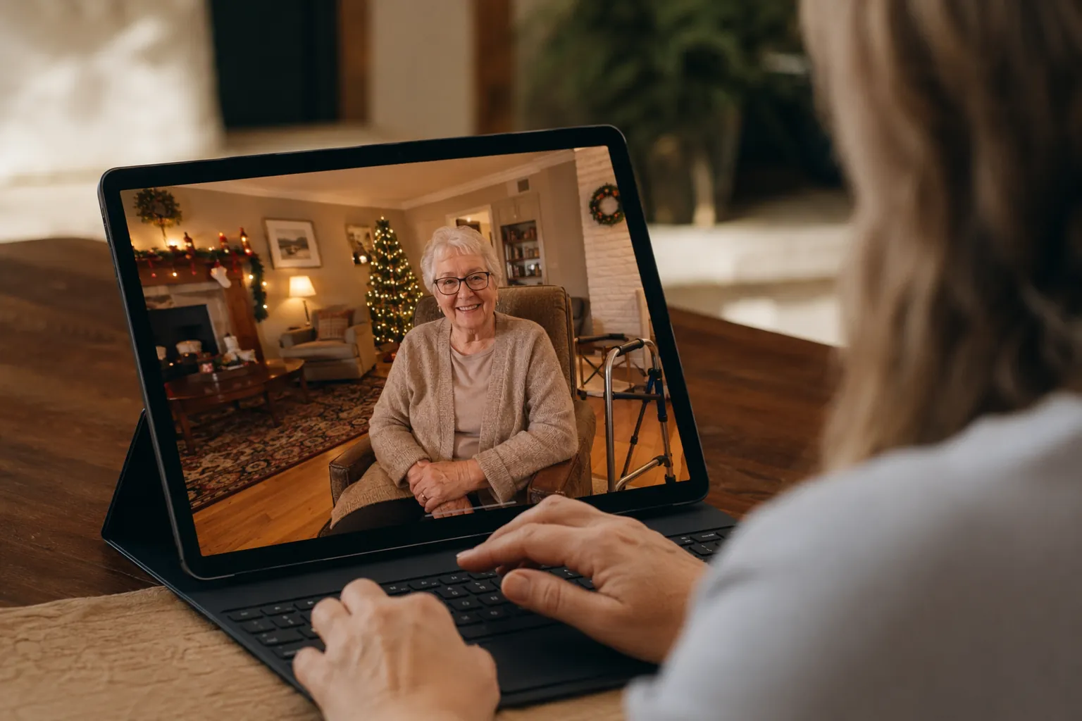 Caregiver using a tablet video call to speak with an older adult in a well-lit living room