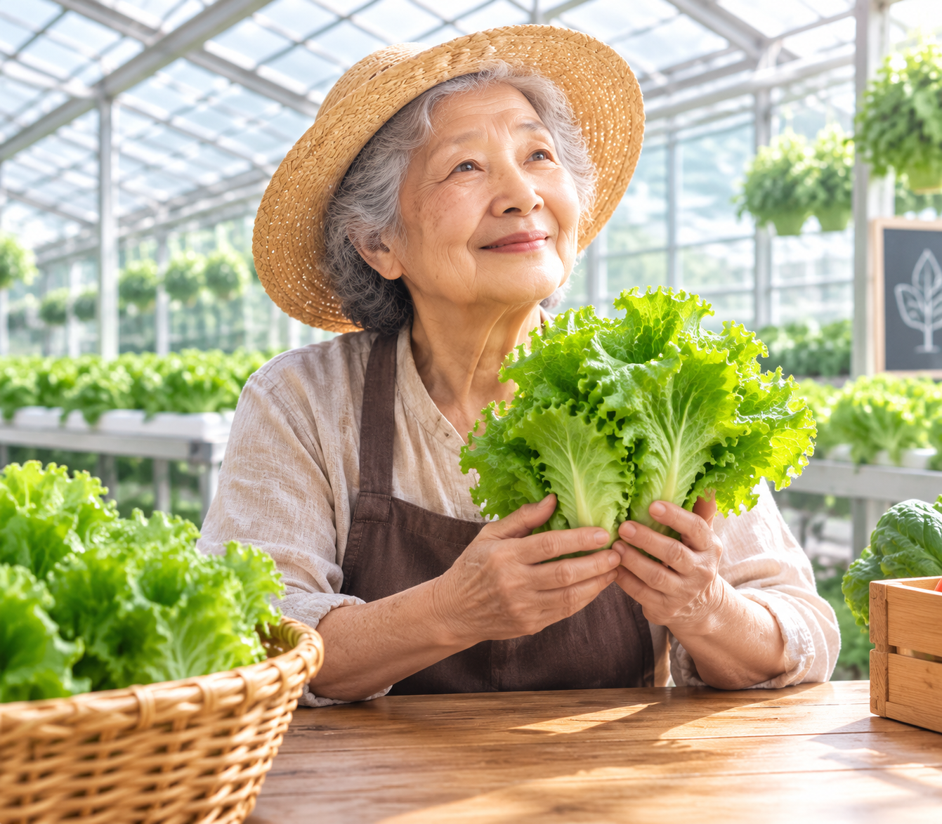 Older woman holding fresh lettuce inside a greenhouse