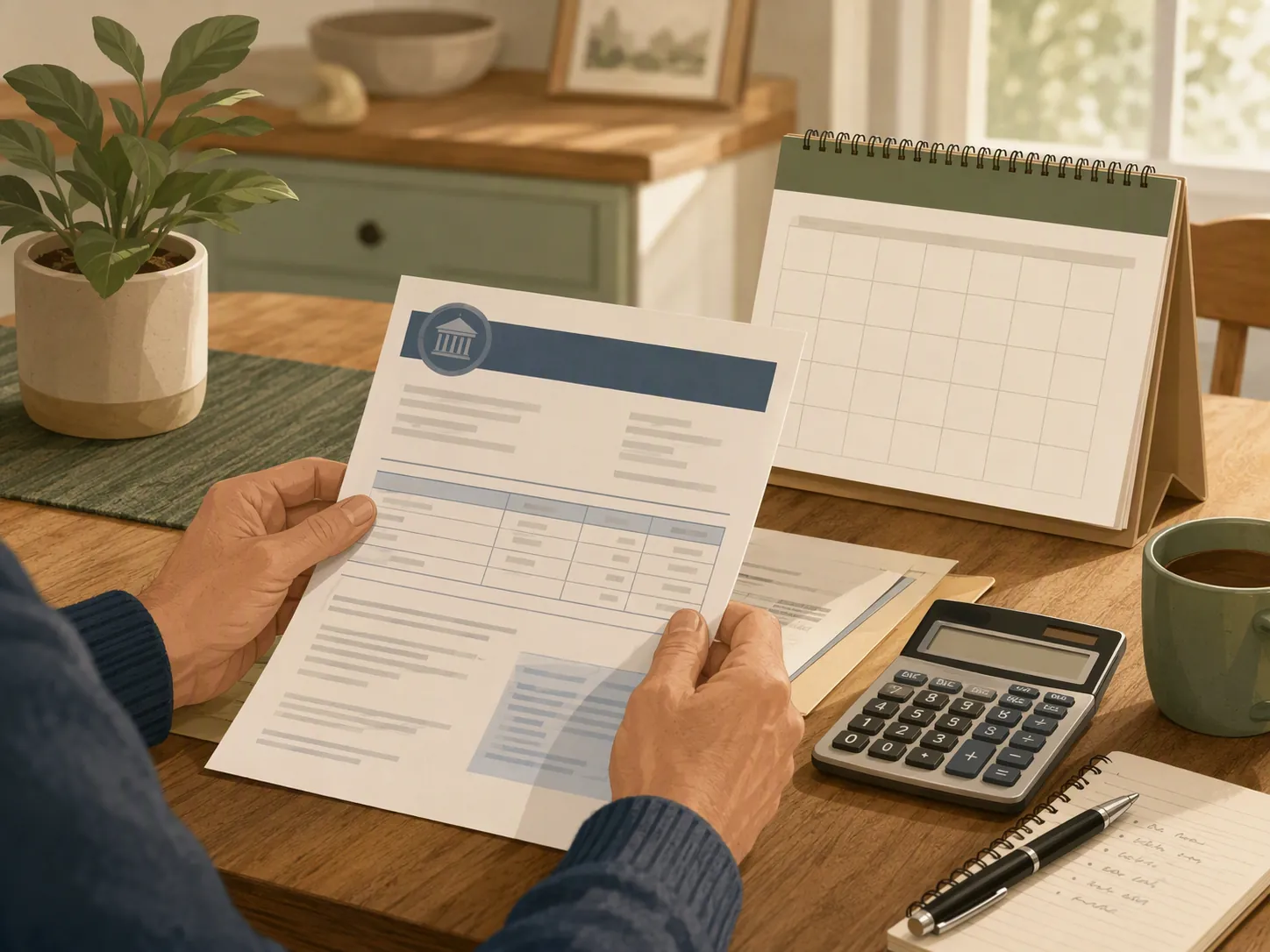 Hands reviewing a Social Security statement with a calculator and January calendar nearby