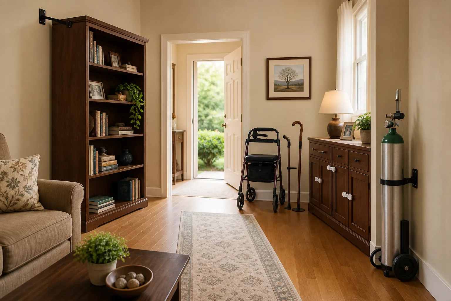 Living room earthquake-proofed with a wall-strapped bookshelf, latched cabinets, clear walking path, nearby walker and cane, and secured oxygen tank
