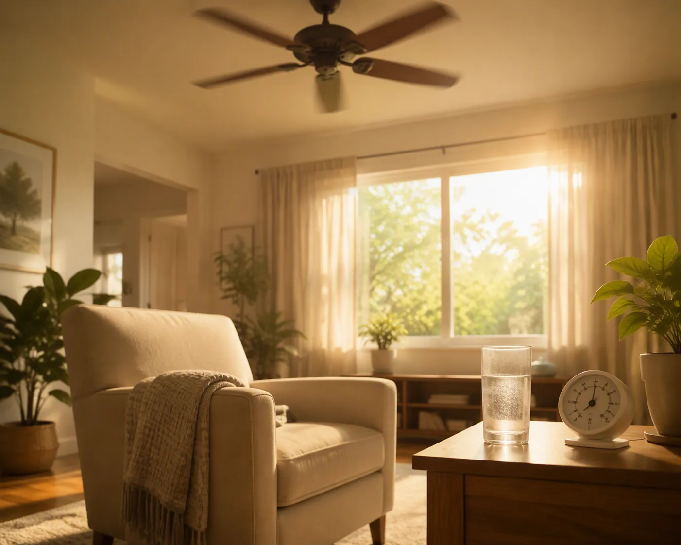 Sunlit living room with an armchair, ceiling fan, glass of water, and indoor thermometer during a heat wave