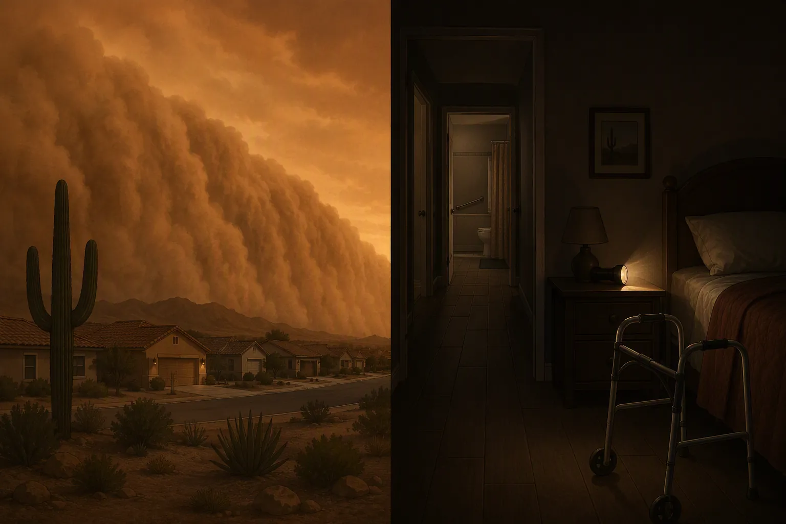 Split illustration showing a desert dust storm outside and a dim bedroom with a flashlight and walker within reach