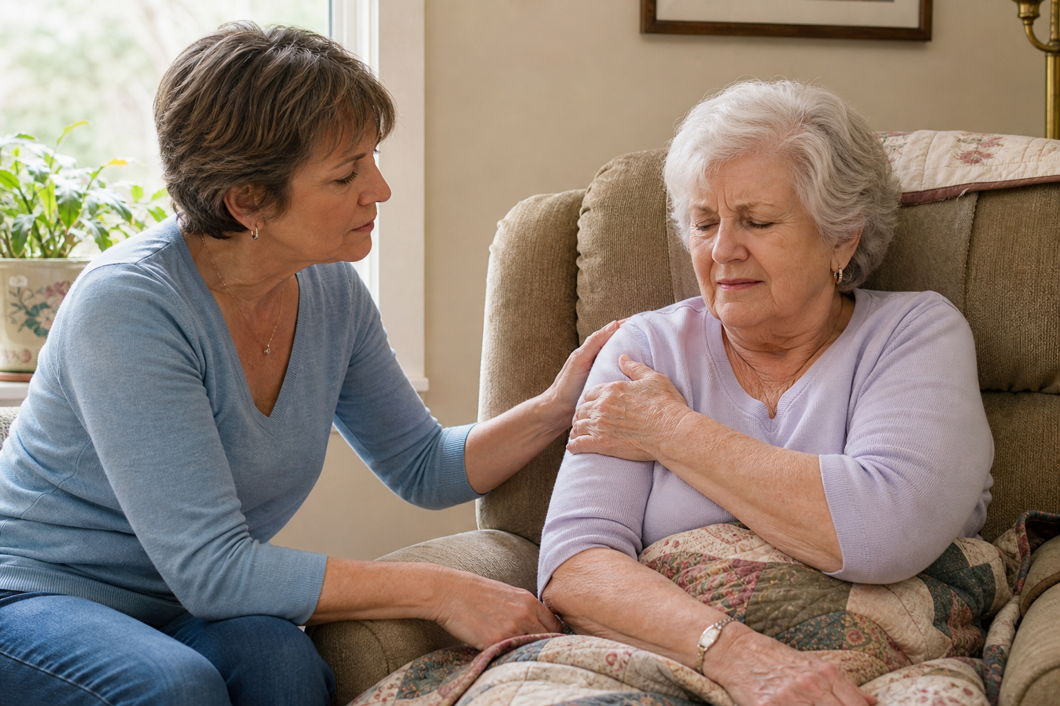 A family caregiver sits close to an older woman in a recliner, gently placing a hand on her shoulder while looking at her face and posture; the older woman has a slightly tight expression.