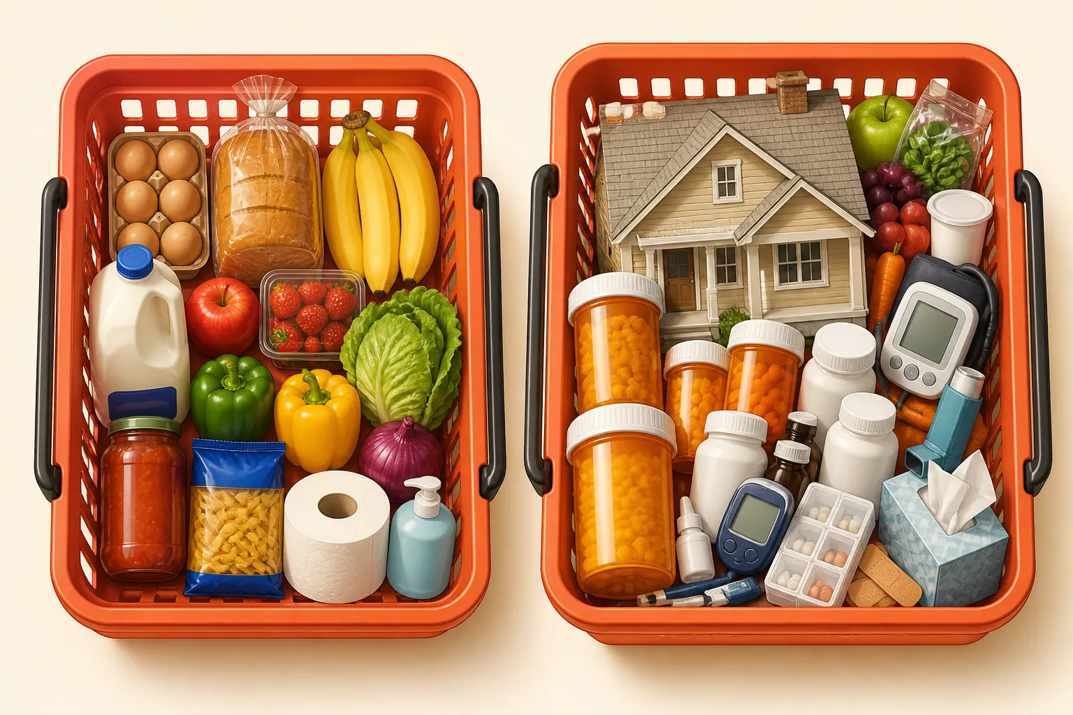 Illustration comparing a general grocery basket with a senior-heavy basket dominated by housing and prescription costs