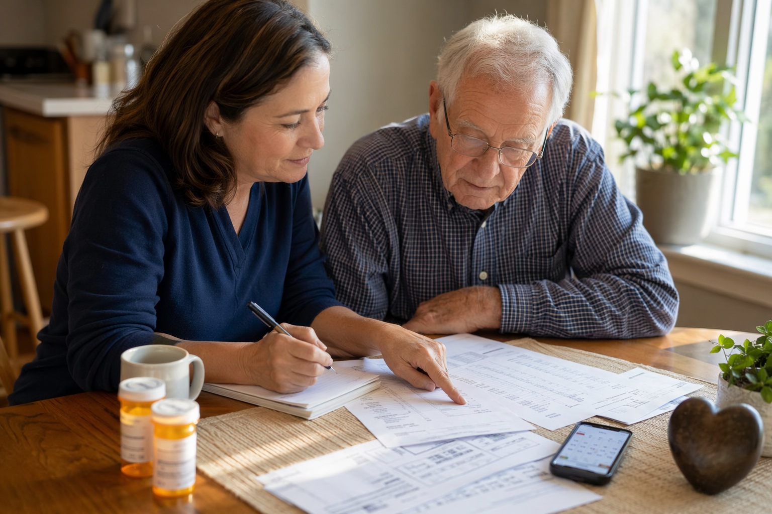 A daughter and older father review cholesterol numbers, medical papers, and prescription bottles before a doctor's appointment