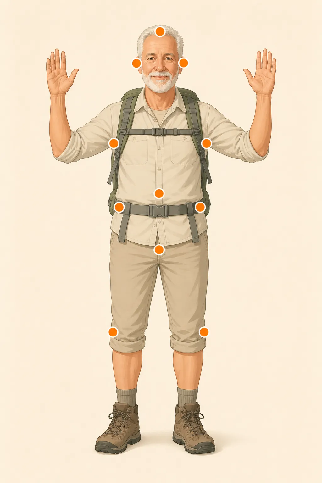 Illustration of a senior hiker with markers at the seven tick-check zones