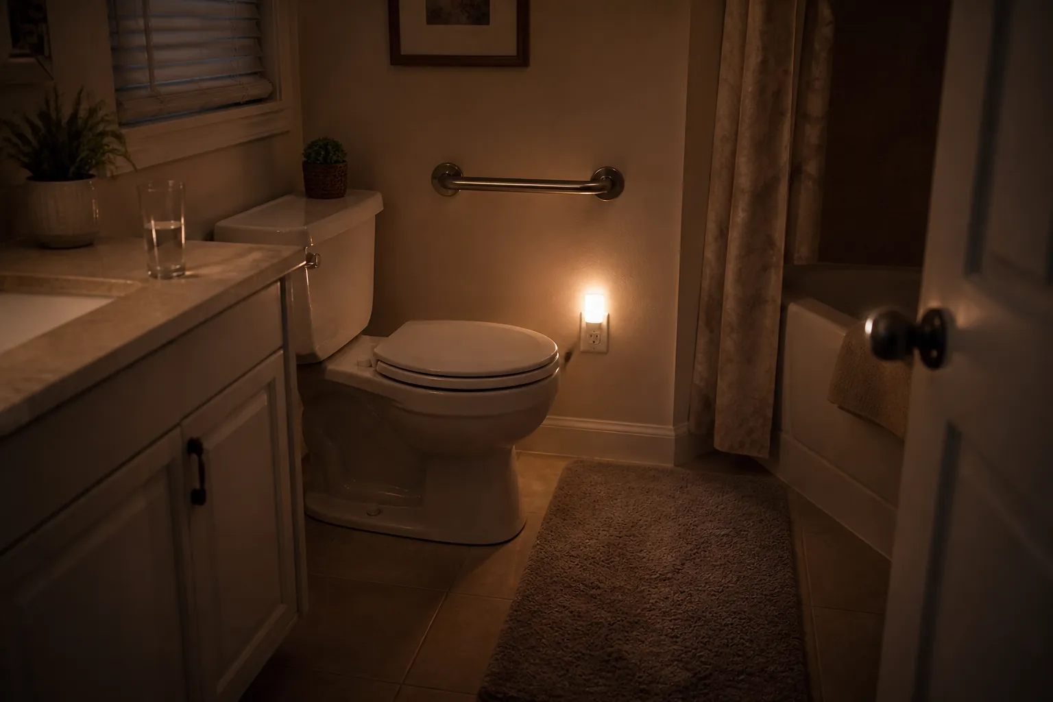 Senior bathroom prepared with night light, grab bar, non-slip mat, and water glass