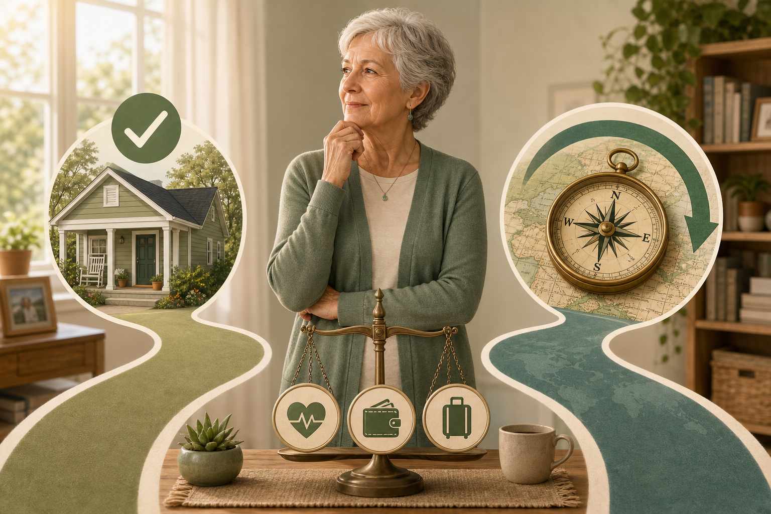 A warm editorial illustration shows a thoughtful senior standing between two visual paths: on the left, a home icon with a checkmark badge representing affordable Medicare Advantage; on the right, a compass with a broad arc representing nationwide Medigap freedom.