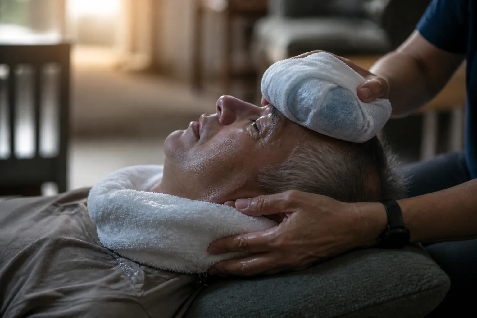 Caregiver placing a cold damp towel and wrapped ice pack on an older person’s neck and head