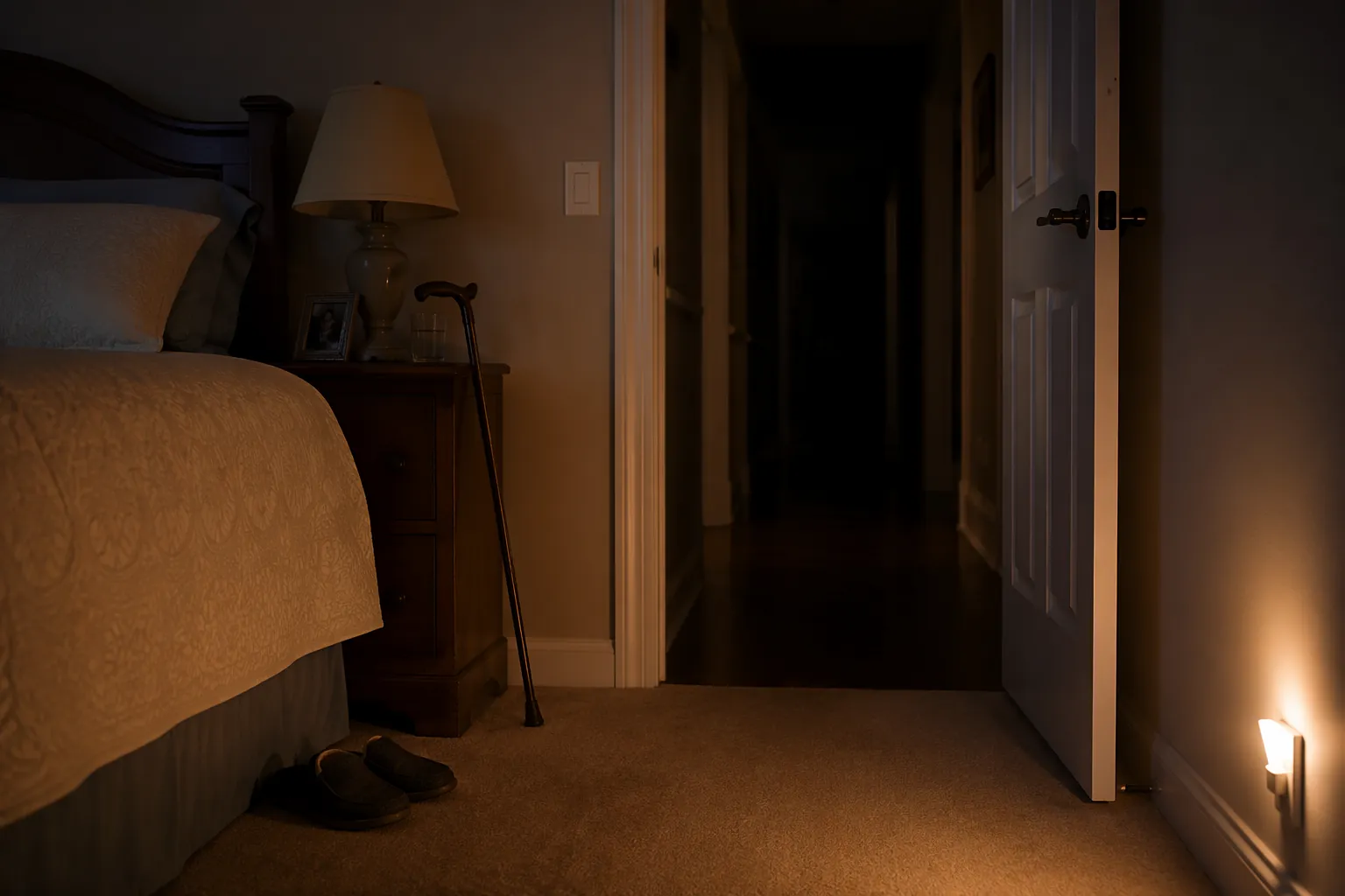 Dim senior bedroom with cane beside the bed and a dark hallway beyond the doorway